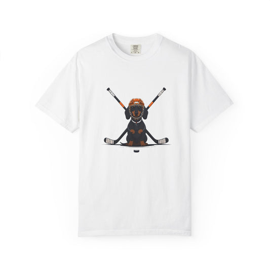 Ice Hounds Dachshund (Orange Helmet) Hockey Tee